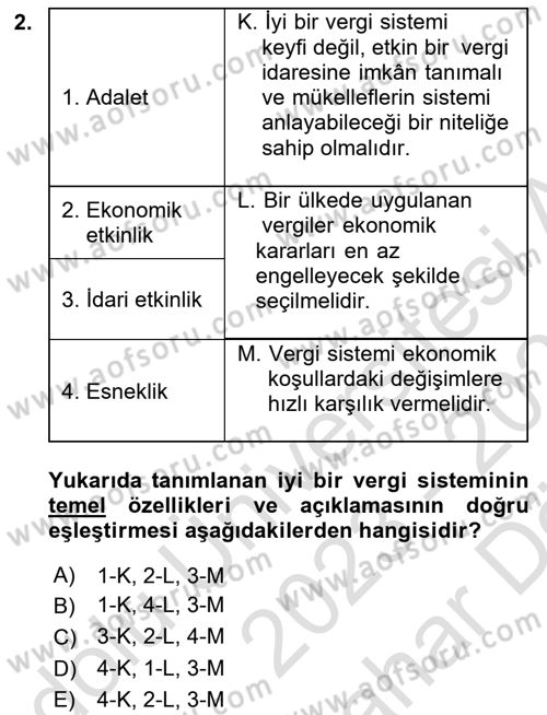 Vergi Teorisi Dersi 2023 - 2024 Yılı (Vize) Ara Sınav Soruları 2. Soru