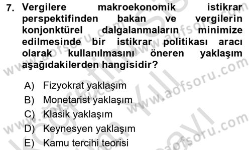 Vergi Teorisi Dersi 2024 - 2025 Yılı (Vize) Ara Sınav Soruları 7. Soru