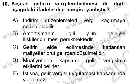 Vergi Teorisi Dersi 2024 - 2025 Yılı (Final) Dönem Sonu Sınav Soruları 10. Soru