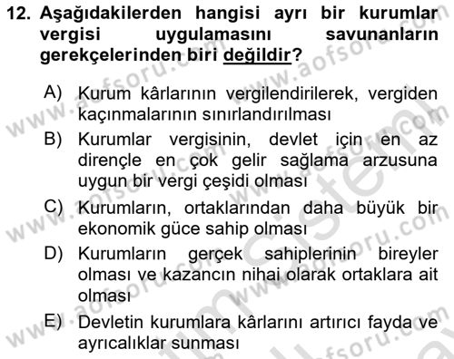 Vergi Teorisi Dersi 2024 - 2025 Yılı (Final) Dönem Sonu Sınav Soruları 12. Soru