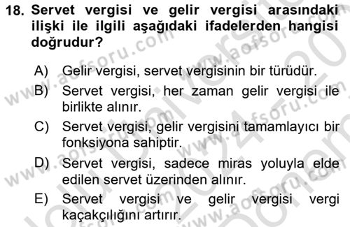 Vergi Teorisi Dersi 2024 - 2025 Yılı (Final) Dönem Sonu Sınav Soruları 18. Soru