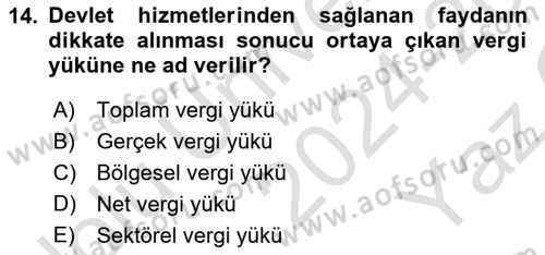 Vergi Teorisi Dersi 2024 - 2025 Yılı Yaz Okulu Sınav Soruları 14. Soru