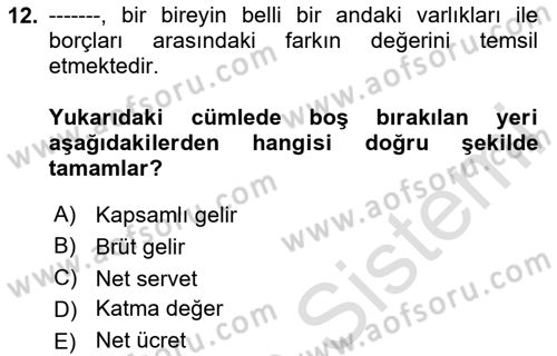 Vergi Teorisi Dersi 2025 - 2026 Yılı (Final) Dönem Sonu Sınav Soruları 12. Soru