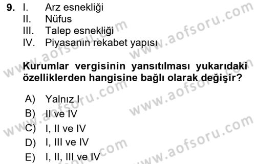 Vergi Teorisi Dersi 2025 - 2026 Yılı (Final) Dönem Sonu Sınav Soruları 9. Soru