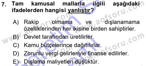 Kamu Maliyesi Dersi 2015 - 2016 Yılı (Vize) Ara Sınav Soruları 7. Soru