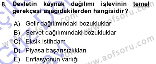 Kamu Maliyesi Dersi 2015 - 2016 Yılı (Vize) Ara Sınav Soruları 8. Soru