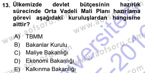 Kamu Maliyesi Dersi 2015 - 2016 Yılı (Final) Dönem Sonu Sınavı 13. Soru