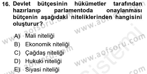 Kamu Maliyesi Dersi 2015 - 2016 Yılı Tek Ders Sınav Soruları 16. Soru