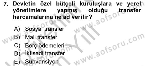 Kamu Maliyesi Dersi 2016 - 2017 Yılı 3 Ders Sınavı 7. Soru