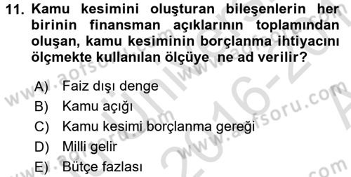 Kamu Maliyesi Dersi 2016 - 2017 Yılı (Vize) Ara Sınavı 11. Soru