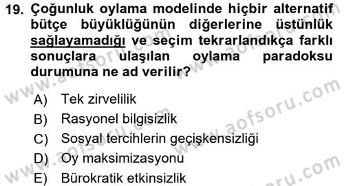 Kamu Maliyesi Dersi 2016 - 2017 Yılı (Vize) Ara Sınavı 19. Soru