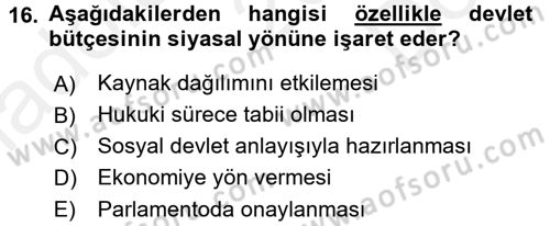 Kamu Maliyesi Dersi 2016 - 2017 Yılı (Final) Dönem Sonu Sınav Soruları 16. Soru