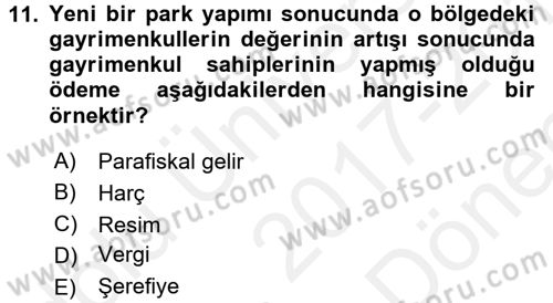 Kamu Maliyesi Dersi 2017 - 2018 Yılı (Final) Dönem Sonu Sınav Soruları 11. Soru
