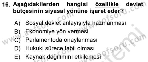 Kamu Maliyesi Dersi 2018 - 2019 Yılı 3 Ders Sınav Soruları 16. Soru