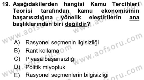 Kamu Maliyesi Dersi 2018 - 2019 Yılı (Vize) Ara Sınavı 19. Soru