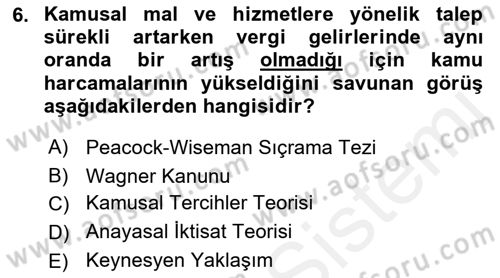 Kamu Maliyesi Dersi 2018 - 2019 Yılı (Final) Dönem Sonu Sınav Soruları 6. Soru