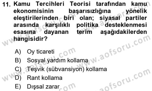Kamu Maliyesi Dersi 2018 - 2019 Yılı Yaz Okulu Sınav Soruları 11. Soru