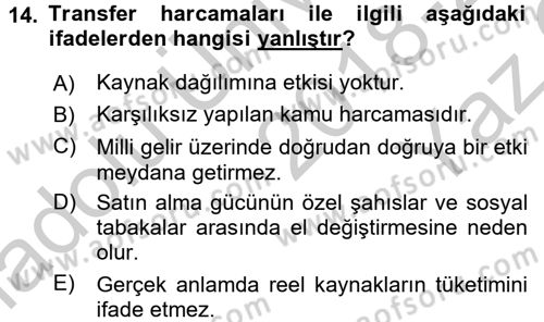 Kamu Maliyesi Dersi 2018 - 2019 Yılı Yaz Okulu Sınav Soruları 14. Soru