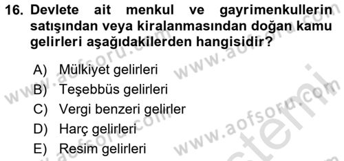 Kamu Maliyesi Dersi 2020 - 2021 Yılı Yaz Okulu Sınav Soruları 16. Soru