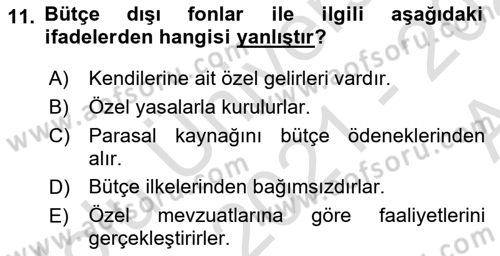 Kamu Maliyesi Dersi Ara Sınavı Deneme Sınav Soruları 11. Soru