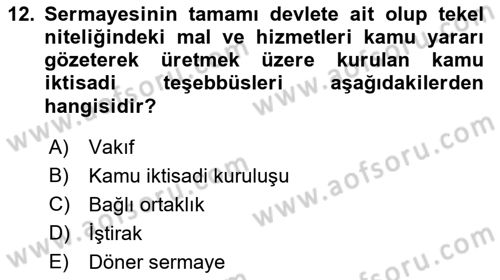Kamu Maliyesi Dersi Ara Sınavı Deneme Sınav Soruları 12. Soru
