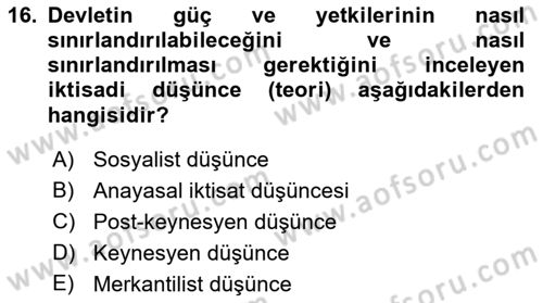 Kamu Maliyesi Dersi Ara Sınavı Deneme Sınav Soruları 16. Soru