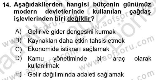 Kamu Maliyesi Dersi 2021 - 2022 Yılı (Final) Dönem Sonu Sınav Soruları 14. Soru