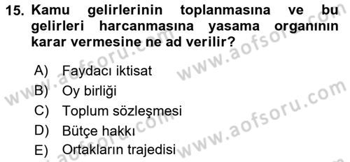 Kamu Maliyesi Dersi 2021 - 2022 Yılı (Final) Dönem Sonu Sınav Soruları 15. Soru