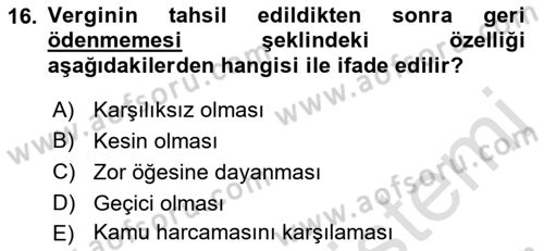 Kamu Maliyesi Dersi 2021 - 2022 Yılı Yaz Okulu Sınav Soruları 16. Soru