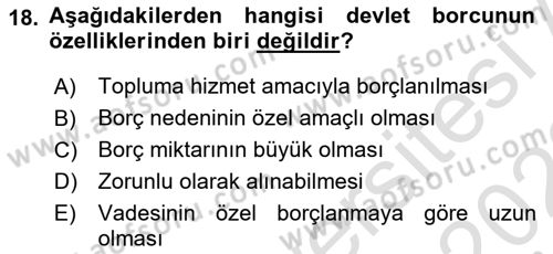 Kamu Maliyesi Dersi 2022 - 2023 Yılı (Final) Dönem Sonu Sınav Soruları 18. Soru