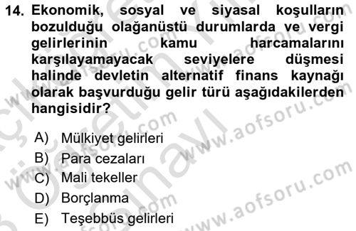 Kamu Maliyesi Dersi 2022 - 2023 Yılı Yaz Okulu Sınav Soruları 14. Soru