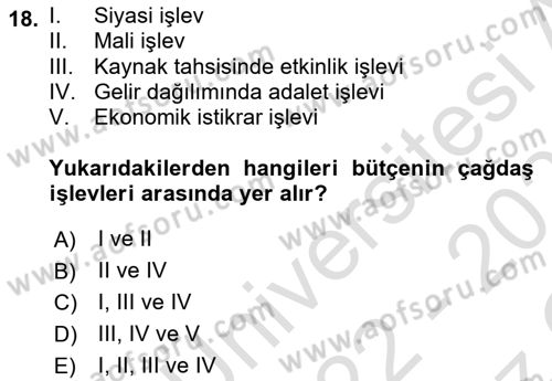 Kamu Maliyesi Dersi 2022 - 2023 Yılı Yaz Okulu Sınavı 18. Soru