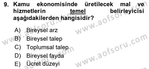 Kamu Maliyesi Dersi 2022 - 2023 Yılı Yaz Okulu Sınavı 9. Soru