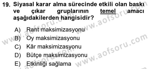 Kamu Maliyesi Dersi Ara Sınavı Deneme Sınav Soruları 19. Soru