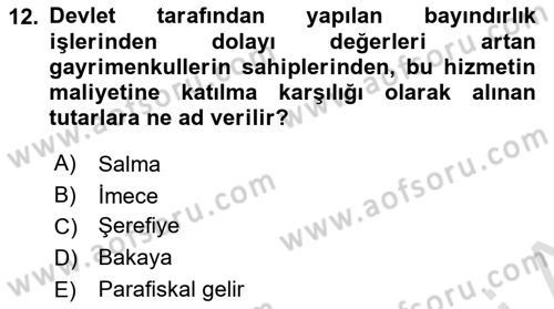Kamu Maliyesi Dersi 2023 - 2024 Yılı Yaz Okulu Sınav Soruları 12. Soru