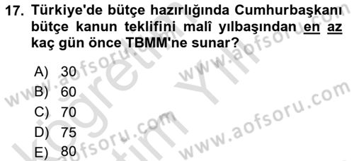 Kamu Maliyesi Dersi 2023 - 2024 Yılı Yaz Okulu Sınav Soruları 17. Soru