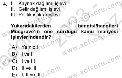 Kamu Maliyesi Dersi 2023 - 2024 Yılı Yaz Okulu Sınav Soruları 4. Soru