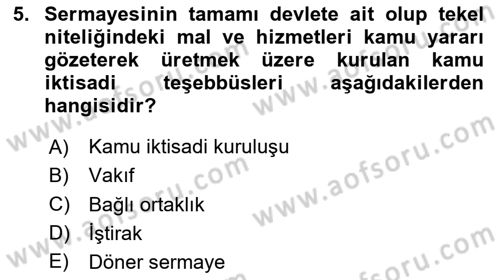 Kamu Maliyesi Dersi 2023 - 2024 Yılı Yaz Okulu Sınav Soruları 5. Soru