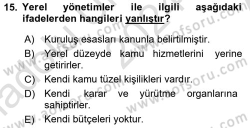 Kamu Maliyesi Dersi 2024 - 2025 Yılı (Vize) Ara Sınav Soruları 15. Soru
