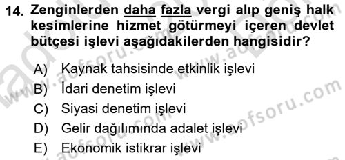 Kamu Maliyesi Dersi 2024 - 2025 Yılı (Final) Dönem Sonu Sınav Soruları 14. Soru