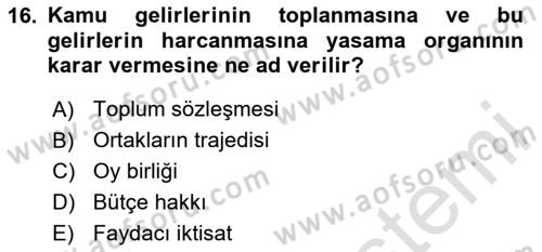 Kamu Maliyesi Dersi 2024 - 2025 Yılı (Final) Dönem Sonu Sınav Soruları 16. Soru