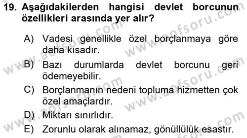 Kamu Maliyesi Dersi 2024 - 2025 Yılı (Final) Dönem Sonu Sınav Soruları 19. Soru