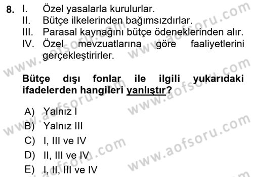 Kamu Maliyesi Dersi 2024 - 2025 Yılı Yaz Okulu Sınav Soruları 8. Soru