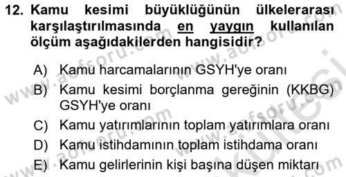 Kamu Maliyesi Dersi 2025 - 2026 Yılı (Vize) Ara Sınav Soruları 12. Soru