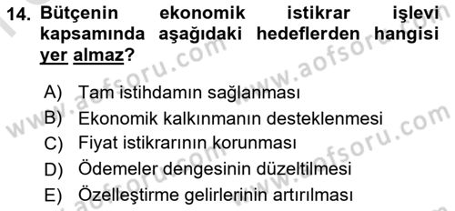 Kamu Maliyesi Dersi 2025 - 2026 Yılı (Final) Dönem Sonu Sınav Soruları 14. Soru