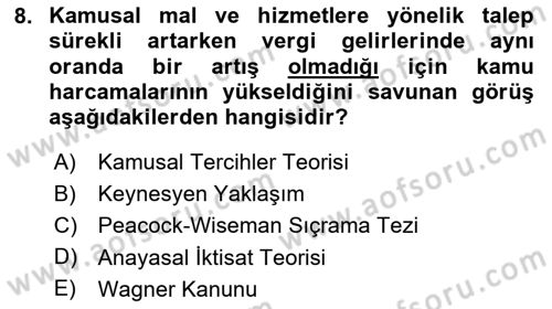 Kamu Maliyesi Dersi 2025 - 2026 Yılı (Final) Dönem Sonu Sınav Soruları 8. Soru