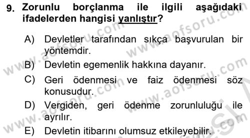 Kamu Maliyesi Dersi 2025 - 2026 Yılı (Final) Dönem Sonu Sınav Soruları 9. Soru
