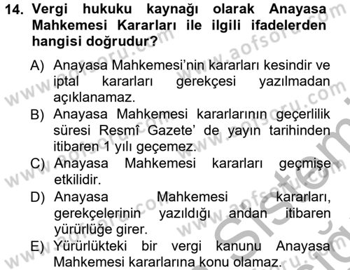 Genel Vergi Hukuku Dersi 2012 - 2013 Yılı (Vize) Ara Sınav Soruları 14. Soru