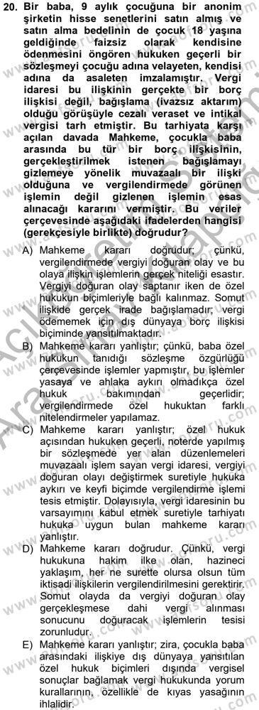 Genel Vergi Hukuku Dersi 2012 - 2013 Yılı (Vize) Ara Sınav Soruları 20. Soru