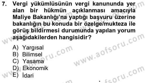 Genel Vergi Hukuku Dersi 2013 - 2014 Yılı (Final) Dönem Sonu Sınav Soruları 7. Soru